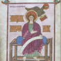 Saint Jean avec son symbole, des Évangiles de Lindisfarne, 710-721