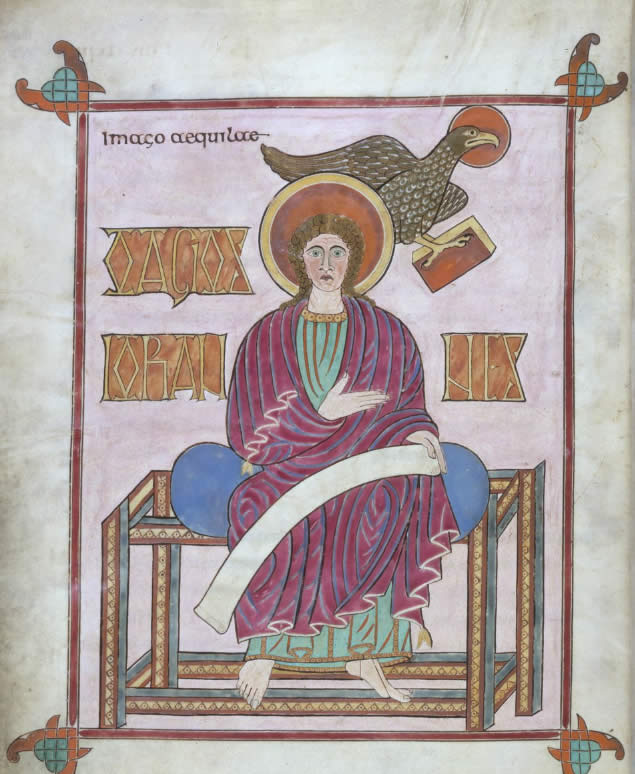 Saint Jean avec son symbole, des Évangiles de Lindisfarne, 710-721